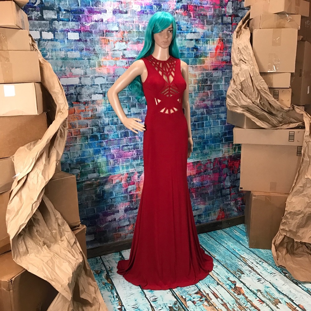 JOVANI Red Jersey Beaded Illusion Dress! #21494